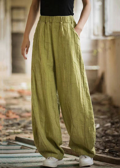 Green Pockets Elastic Waist Linen Pants Summer