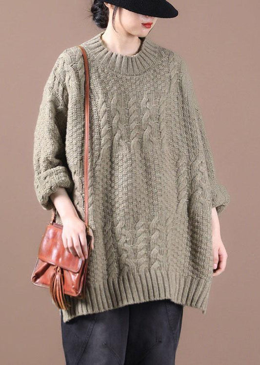Khaki Loose Cable Knit Fall Long Knit Top