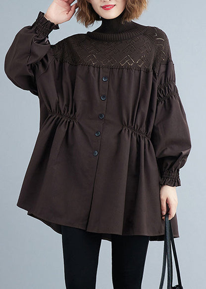 Chocolate Button Patchwork Lantern Sleeve Knit Blouses