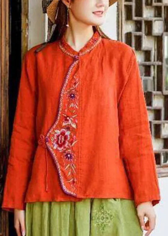 Oriental Blue O-neck Tie Waist Embroideried Linen Tops Spring