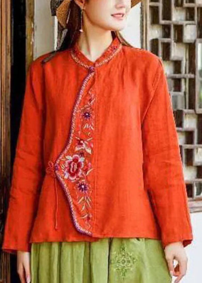 Oriental Blue O-neck Tie Waist Embroideried Linen Tops Spring
