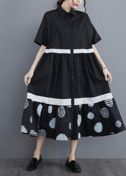 Stylish Black Print Cotton Patchwork a Line Summer Long Dress