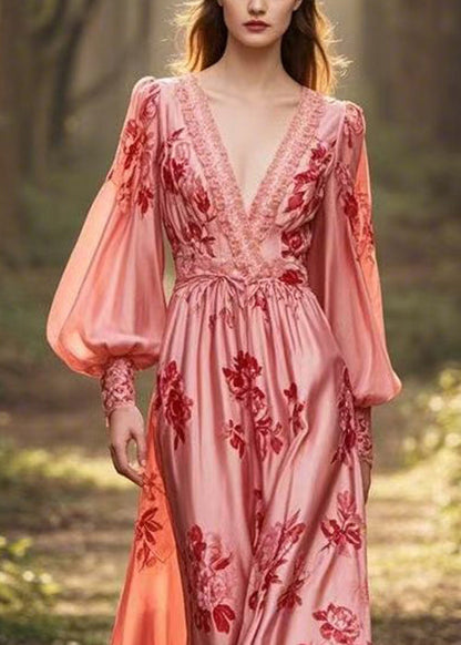 Stylish Pink V Neck Print Silk Dresses Lantern Sleeve Spring