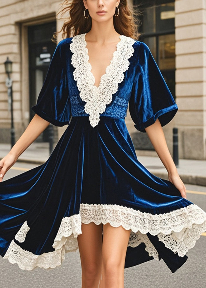 Navy Asymmetrical Patchwork Silk Velour Dresses Summer