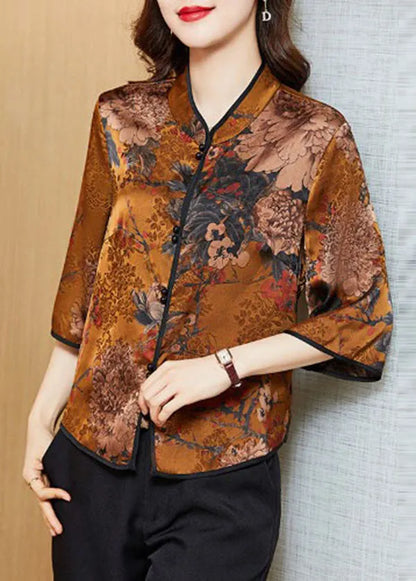Yellow Print Silk Chinese Style Shirt Tops Stand Collar Button Half Sleeve