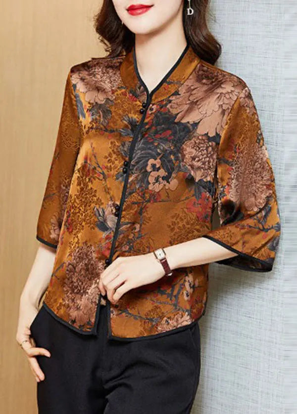 Yellow Print Silk Chinese Style Shirt Tops Stand Collar Button Half Sleeve
