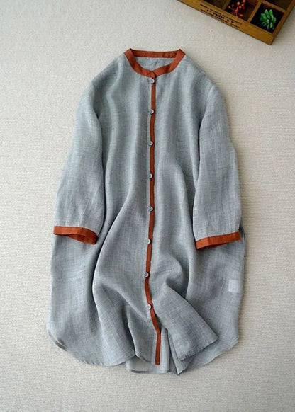 Caramel Stand Collar Button Linen Shirt Tops Bracelet Sleeve
