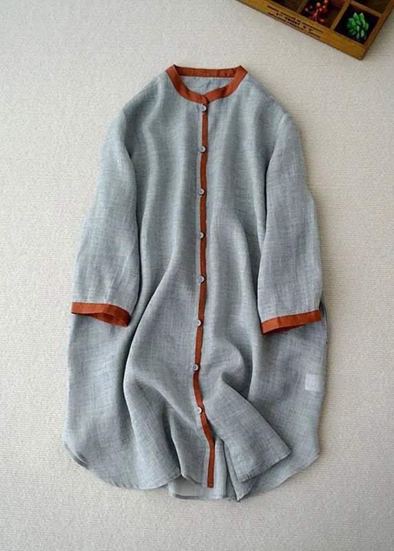 Caramel Stand Collar Button Linen Shirt Tops Bracelet Sleeve