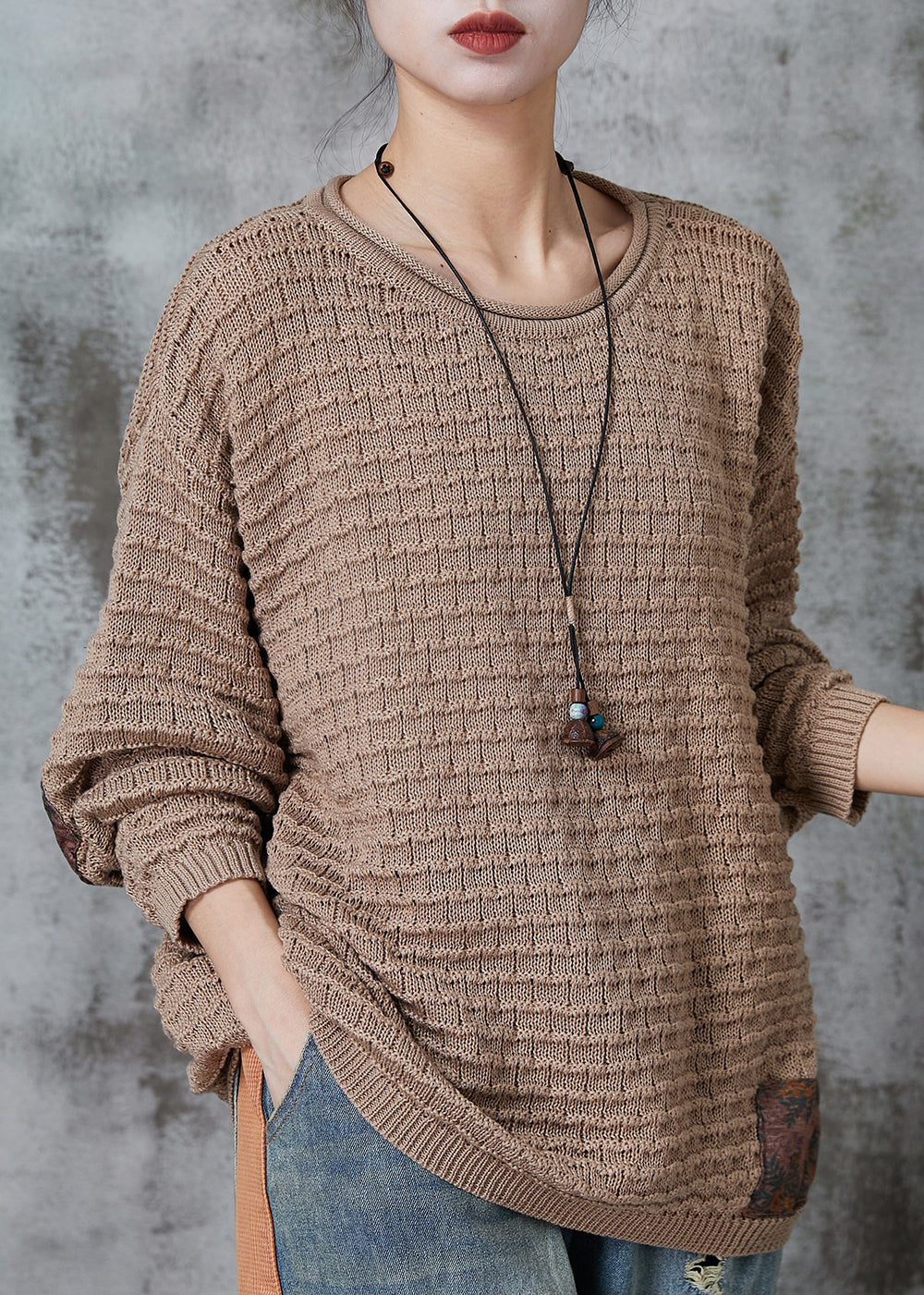 Khaki Oversized Patchwork Knit Tops Spring