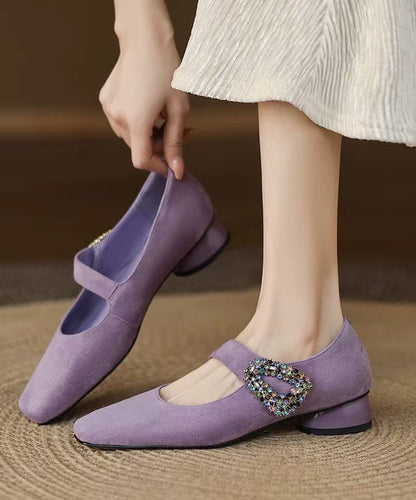 Black Zircon Buckle Strap Splicing Suede Chunky Shoes