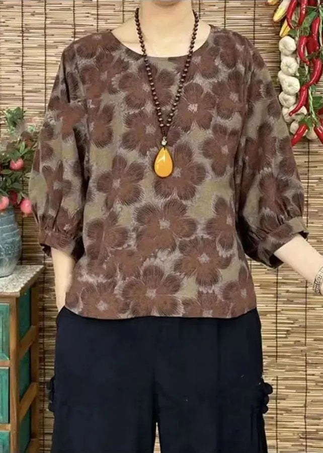 Red O-neck Oversized Print Linen Shirt Bracelet Sleeve