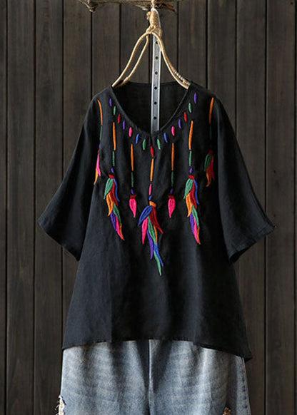 Classy Red Embroideried Low High Design V Neck Linen Shirt Top Short Sleeve