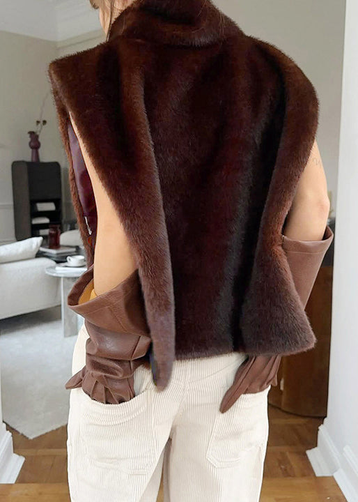 Fine Coffee Turtleneck Side Open Fluffy Waistcoat Sleeveless