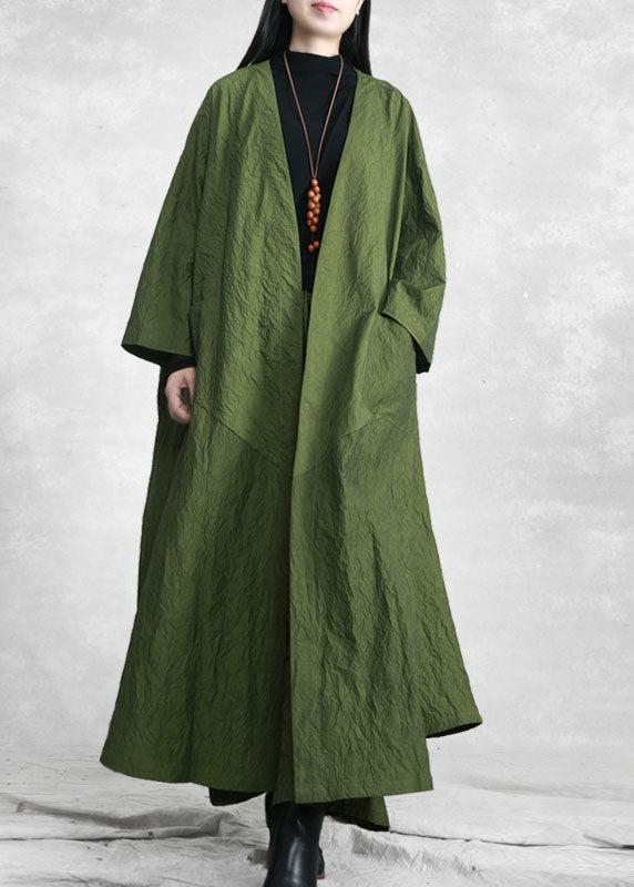Green V Neck Pockets Trench Coats and Wide Leg Pants Two Pieces Set Spring