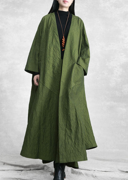 Green V Neck Pockets Trench Coats and Wide Leg Pants Two Pieces Set Spring