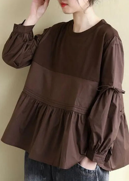 Chocolate O-neck Patchwork Wrinkled Cotton Top Long Sleeve