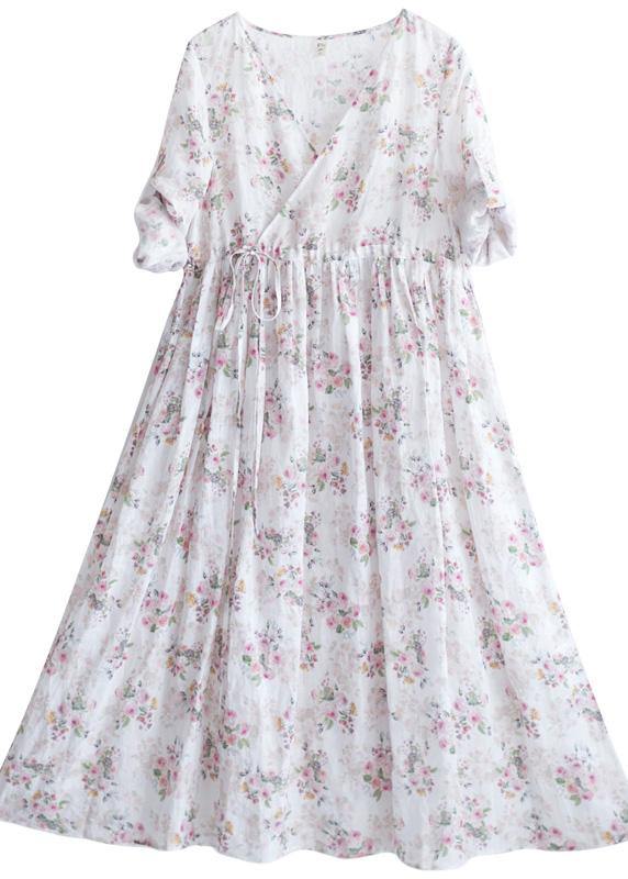 Modern V Neck Drawstring Summer Beige Print Kaftan Dress