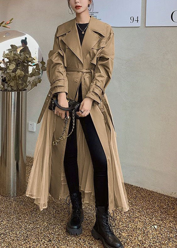 Khaki Peter Pan Collar Tulle Patchwork Cotton Trench Coat Long Sleeve