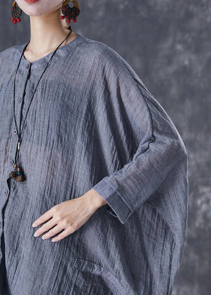 Grey Oversized Linen Blouses Batwing Sleeve
