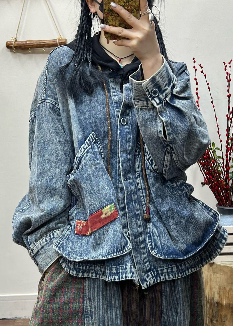 Blue Button Pockets Patchwork Denim Coat Fall