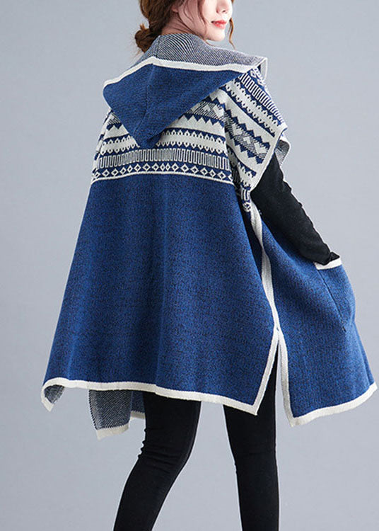 French Blue Hooded Side Open Short Sleeve Fall Knit Sweaters Coat/ships 30 Days