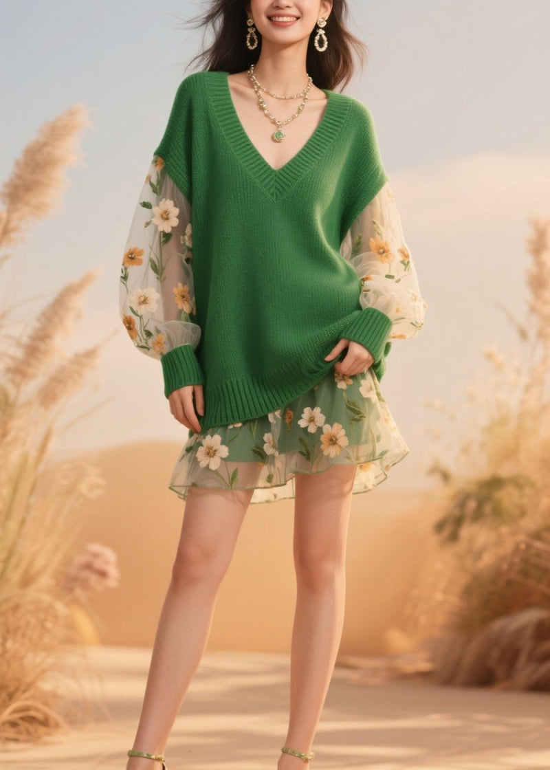 Green V Neck Tulle Patchwork Knit Sweaters Fall