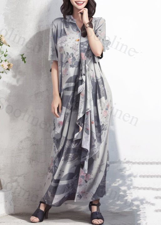 Italian Grey Asymmetrical Print Silk Shirts Dress Summer