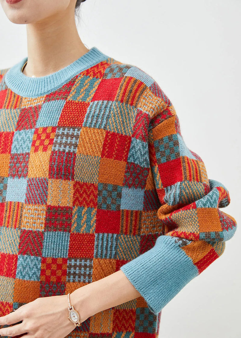 Stylish Brick Red Oversized Plaid Knit Sweater Tops Winter