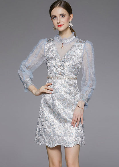 Light Blue Bow Jacquard Patchwork Tulle Party Dress Fall