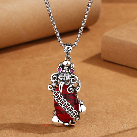 Buddha Stones Pixiu Garnet Copper Coin Wealth Luck Necklace Pendant