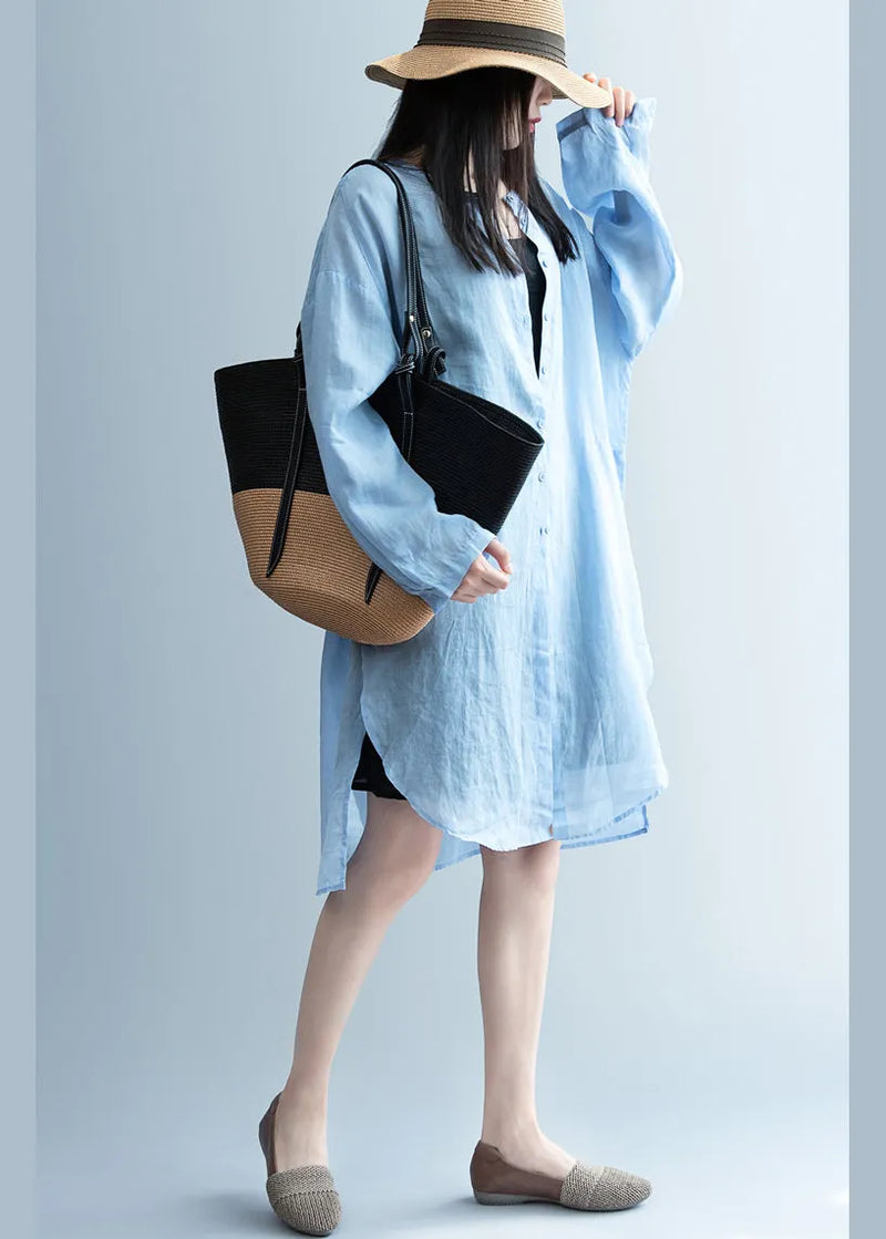 Handmade Blue Asymmetrical Linen Blouses Spring