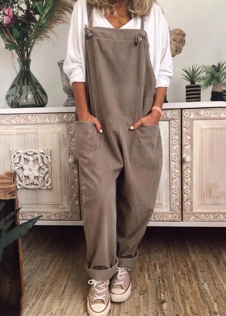 Loose Khaki Pockets Cotton Jumpsuit Sleeveless