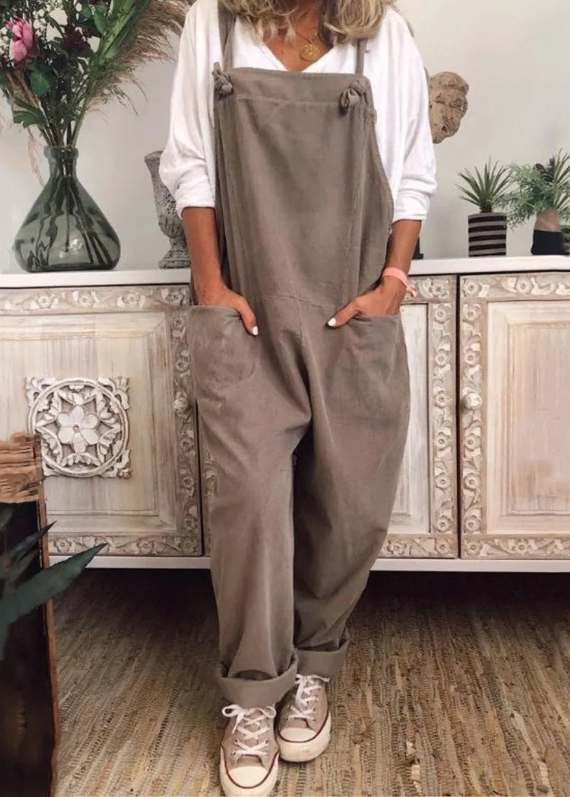 Loose Khaki Pockets Cotton Jumpsuit Sleeveless