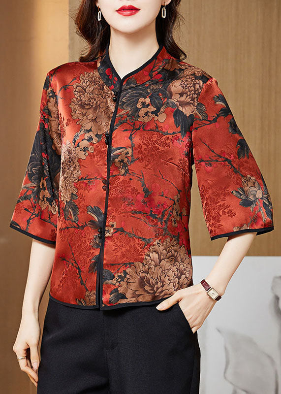 White Geometry Mandarin Collar Print Silk Shirt Tops Half Sleeve