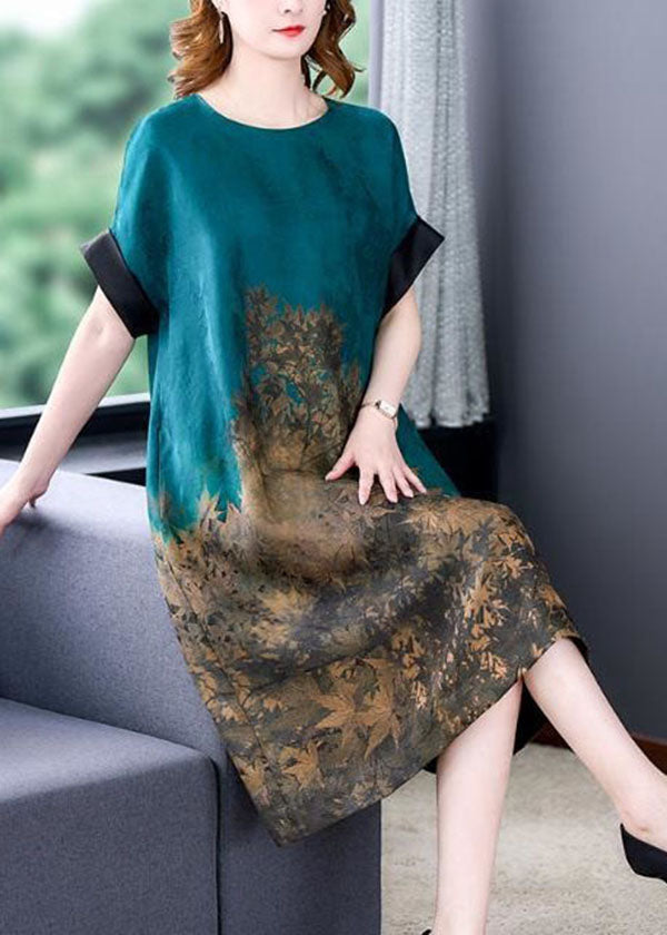 Blue O Neck Print Patchwork Silk Dress Summer