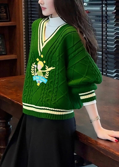 Unique Tea Green V Neck Thick Knit Sweater Spring