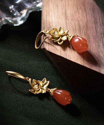 Gold Sterling Silver Overgild Agate Magnolia Flower Drop Earrings