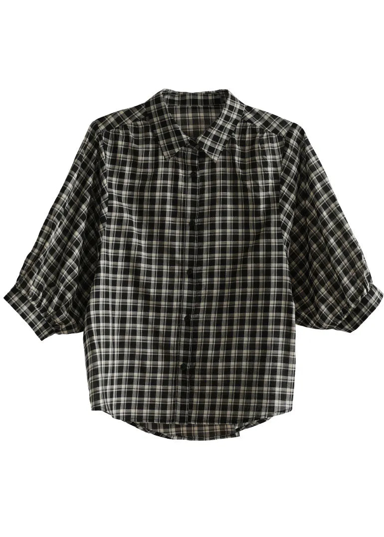Black Peter Pan Collar Plaid Cotton Shirt Top Bracelet Sleeve Summer