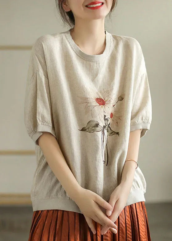 Stylish Linen Color O-neck Oversized Print Linen Tank Tops Short Sleeve