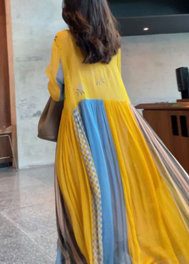Yellow Print Patchwork Chiffon Vacation Dresses Spring