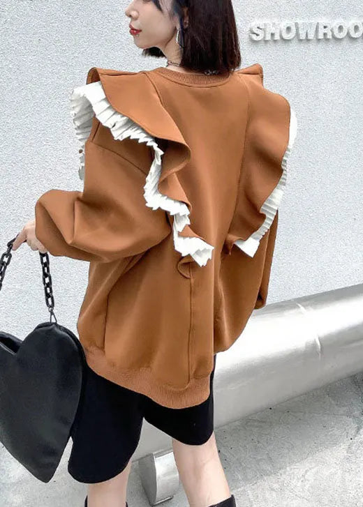 Khaki O-neck Retro Ruffled Patchwork Fall Sweatshirt Street Wear