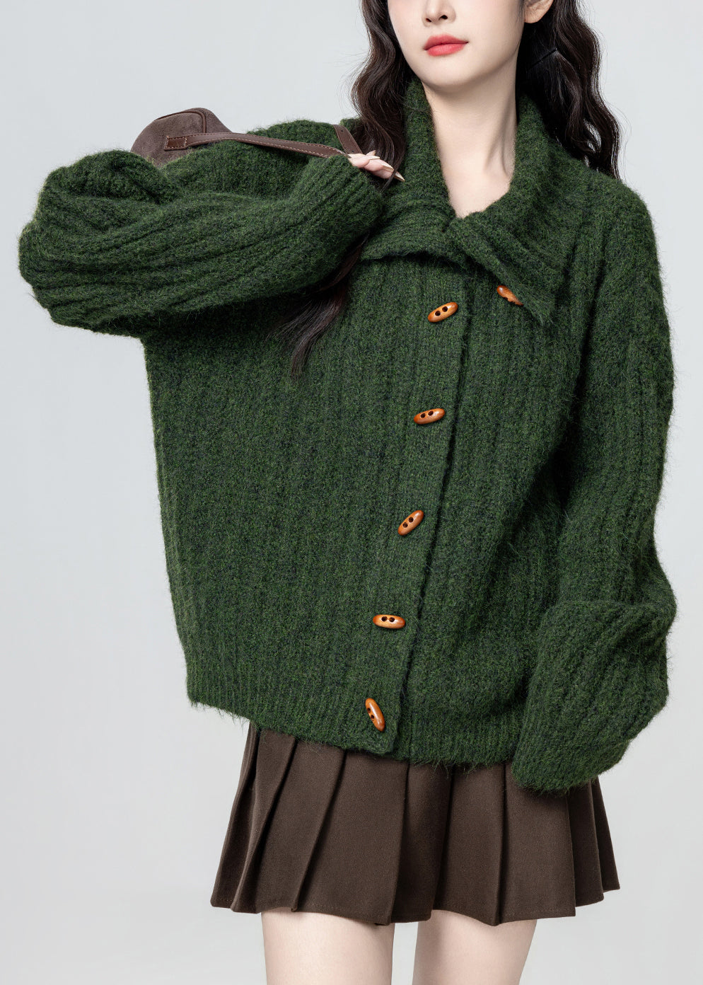 Green Stand Collar Button Cozy Knit Coat Winter