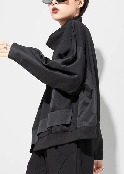Art Black Turtleneck Patchwork Pockets Pullover Batwing Sleeve