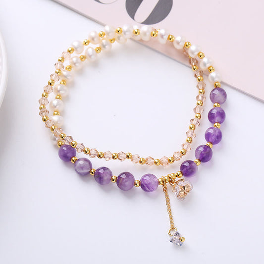 Double Wrap Amethyst Aquamarine Pearl Healing Bracelet