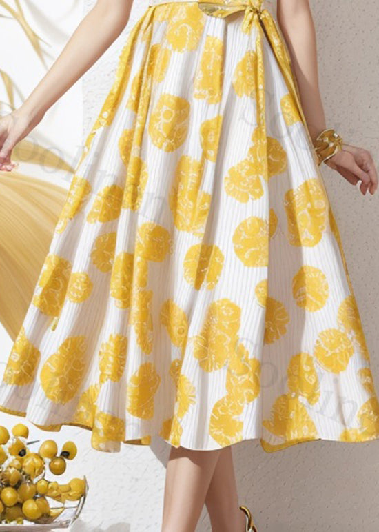Loose Yellow Ruffled Print Lace Up Silk Dress Summer