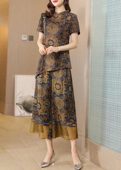 Khaki Asymmetrical Design Print Silk Two Pieces Set Summer