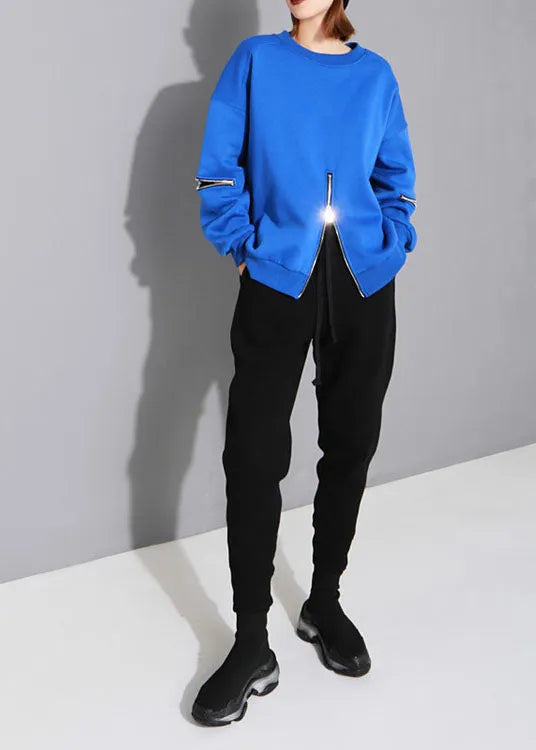 Art Blue O-neck Zippered Loose Fall Pullover Street Wear