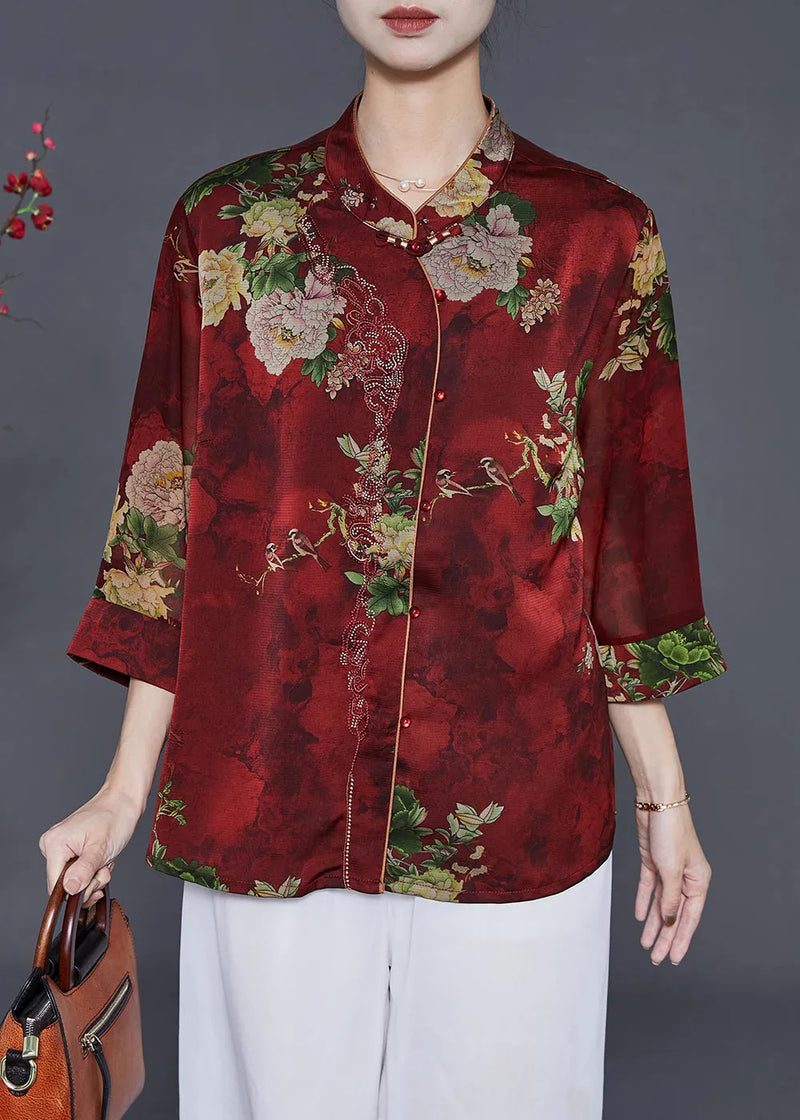 Red Print Silk Shirts Mandarin Collar Summer