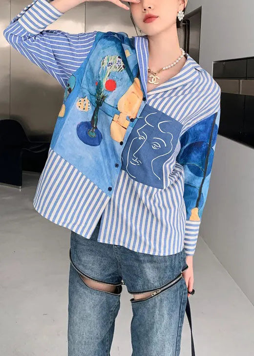 Blue Peter Pan Collar Striped Print Cotton Shirts Spring