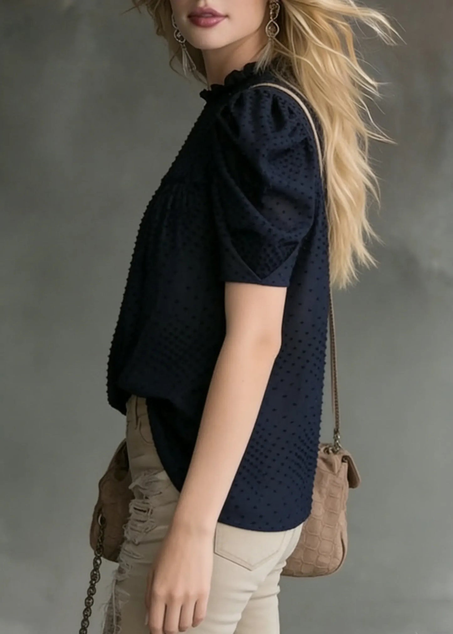 French Navy Wrinkled Cotton Blouses Puff Sleeve